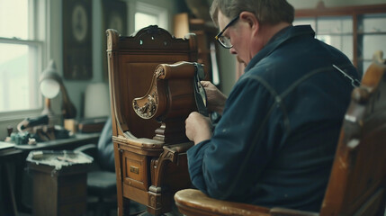 Vintage carpentry scene with a master craftsman working on a classic wooden chair, detailed hand-carving, old-fashioned tools