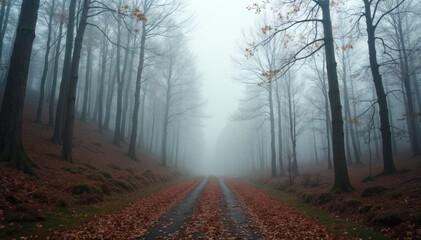 Foggy autumn morning in a quiet forest