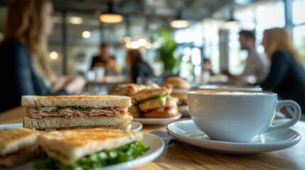 Enjoying a casual lunch with sandwiches and coffee in a bustling café filled with friends and conversations in the afternoon light