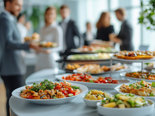 Buffet spread at corporate event with diverse food options and attendees enjoying the refreshments...