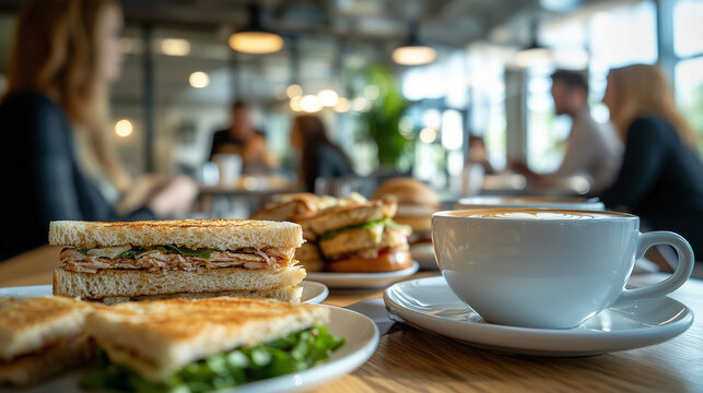 Enjoying a casual lunch with sandwiches and coffee in a bustling caf&eacute; filled with friends and conversations in the afternoon light