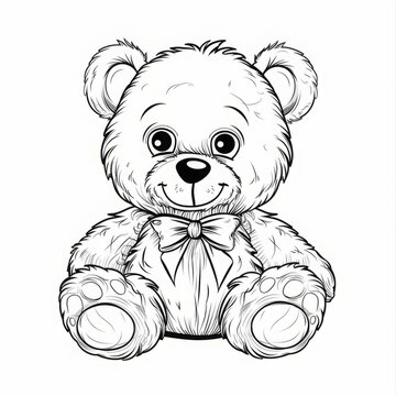 recommend clip art: Cute teddy bear with bow tie. Black and white line art illustration. Toy and childhood concept. Design for coloring book, poster, and print. Generative AI