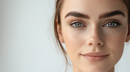Naklejka premium Close-up of a woman's face with soft makeup and a subtle smile, featuring perfect skin and defined brows.