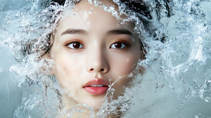 A woman's face is partially submerged in water, with a splash of water surrounding her.
