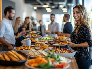 Cheerful woman serving delicious food at a bustling office gathering during a sunny afternoon © zphoto83