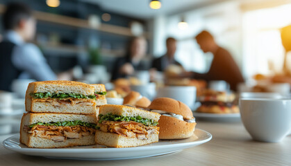 A business meeting with colleagues enjoying sandwiches and coffee in a bright, modern office setting during the afternoon