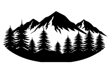 Forest Silhouette with Distant Mountain Range – Black and White Vector Illustration