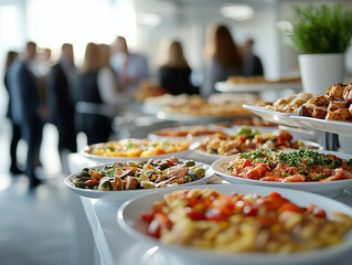 A delightful variety of dishes and appetizers displayed at a corporate gathering in a modern venue during a busy networking event