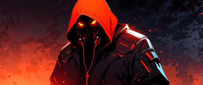 Mysterious hooded figure with glowing red eyes. dark cyberpunk character design