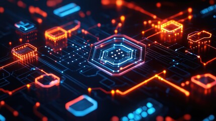 Obraz premium Abstract digital circuit board with red and blue glowing lines and dots.