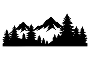 Forest Silhouette with Distant Mountain Range – Black and White Vector Illustration