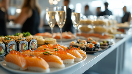 Sushi platters elegantly arranged on a table with champagne flutes at a sophisticated event in a modern venue during the evening