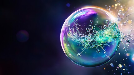 A colorful soap bubble with water splashing out of it