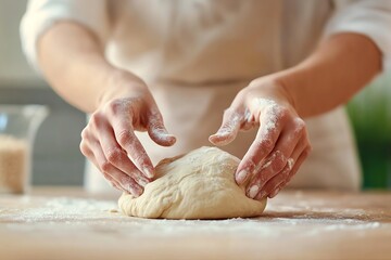 Fototapeta premium A close-up of hands kneading dough on a wooden surface, surrounded by flour, perfect for cooking or baking concepts.