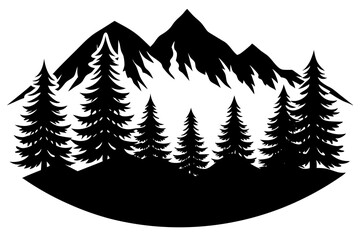 Forest Silhouette with Distant Mountain Range – Black and White Vector Illustration