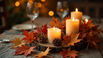 Rustic autumn table setting with candles and leaves