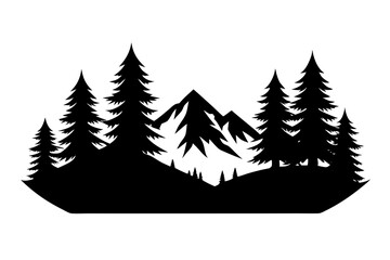 Forest Silhouette with Distant Mountain Range – Black and White Vector Illustration