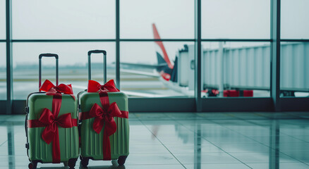 Christmas holiday airport green suitcases red ribbons festive travel luggage gift decoration background banner winter copy space agent flyer tourism frequent traveler services family trip planning ad