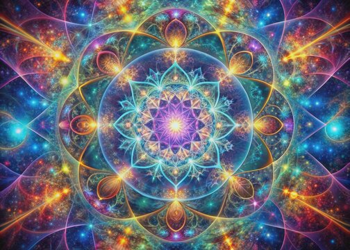 Vibrant tendrils of iridescent color swirl through a kaleidoscopic abyss, as fractal patterns and sacred geometries converge in a mesmerizing display of cosmic consciousness.