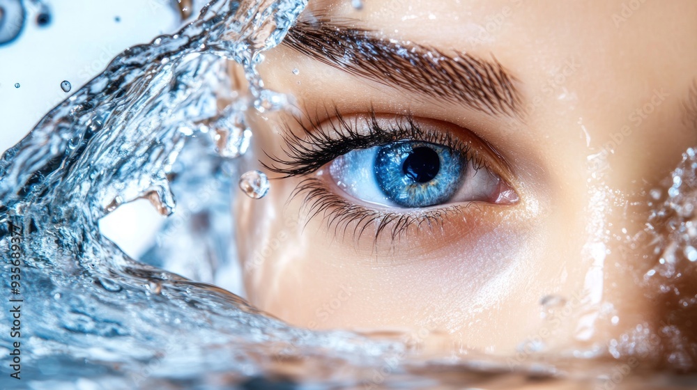 Sticker Close-up of a woman's blue eye with water droplets splashing around it.