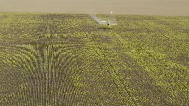 This stock video shows small aircraft processing farmland with mineral fertilizers. This video will decorate your projects related to agriculture, farmland, small aircraft, agronomy.