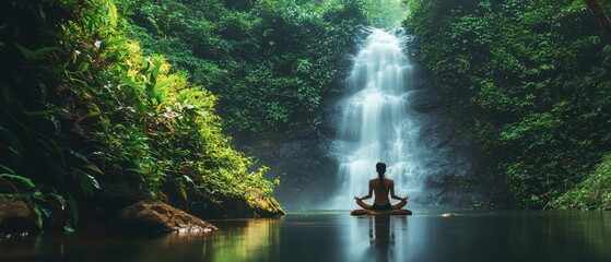 Meditative Figure by Serene Waterfall