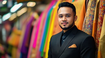 Obraz premium A young man in a black suit with a patterned pocket square, standing in front of a colorful fabric display.