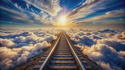 Ethereal rail tracks hover among wispy clouds, defying gravity, evoking a sense of boundless opportunities and limitless aspirations in a serene, surreal, dreamy atmosphere.