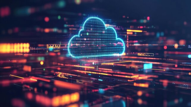 Abstract digital cloud icon with binary code and lights.