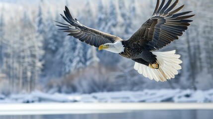 Fototapeta premium Bald Eagle flying over the water on a winter day in Coeur d'Alene, Idaho 