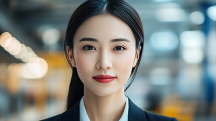 Naklejka premium Portrait of a young asian woman in a business suit, looking directly at the camera.