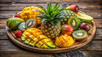 Vibrant arrangement of fresh tropical fruits, including juicy pineapple, sweet mango, and refreshing kiwi, artistically arranged on a rustic wooden platter.