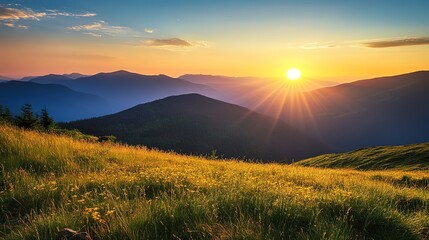 Mountains during sunset. Beautiful natural landscape in the summer time. 