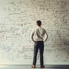 Brainstorming. Huge wall with action plans and questions to be solved written on it. Man thinking about problems while standing by the wall. View from behind