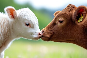 A close-up of a newborn calf being licked clean by its mother, highlighting the nurturing aspect of livestock farming