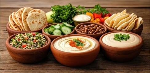 A vibrant display of fresh Mediterranean dishes, featuring hummus, tabbouleh, olives, and flatbreads, ideal for healthy dining.
