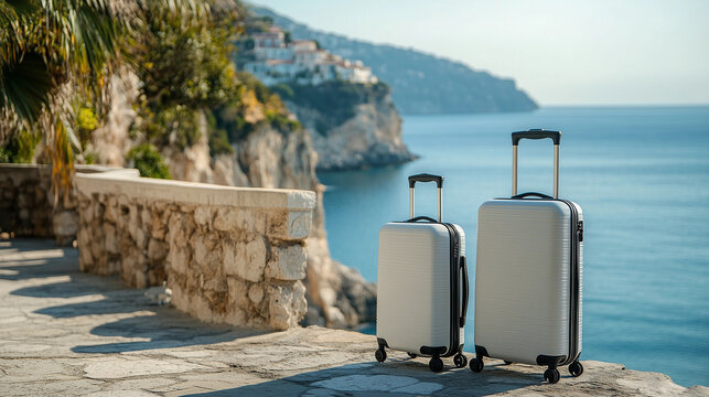 Coastal travel scene luxury luggage coastal Mediterranean holiday background suitcase adventure travel summer vacation copy space banner sunlit stone wall turquoise sea Italian Riviera getaway romanti