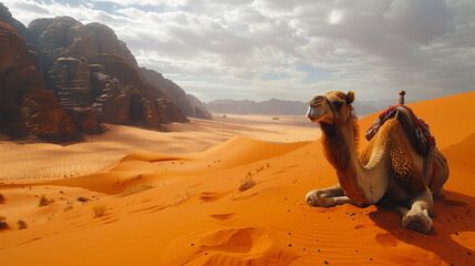 The scene captures a sandy, hot desert dune where a camel takes measured steps against an African landscape. Made with generative ai
