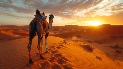 The scene captures a sandy, hot desert dune where a camel takes measured steps against an African landscape. Made with generative ai
