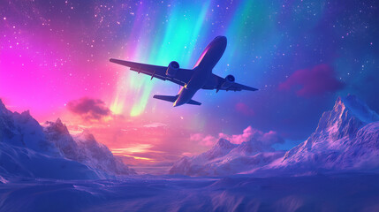 Naklejka premium Airplane in the night sky. 3D illustration. 3D rendering.