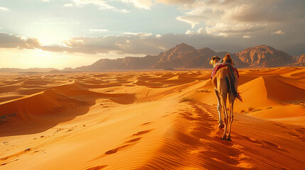 The scene captures a sandy, hot desert dune where a camel takes measured steps against an African landscape. Made with generative ai
