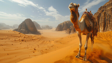 The scene captures a sandy, hot desert dune where a camel takes measured steps against an African landscape. Made with generative ai
