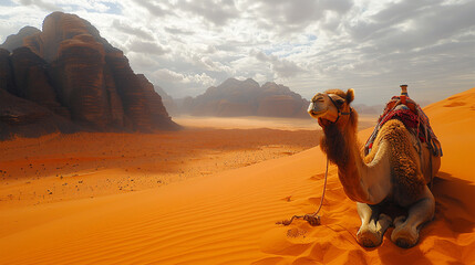 The scene captures a sandy, hot desert dune where a camel takes measured steps against an African landscape. Made with generative ai
