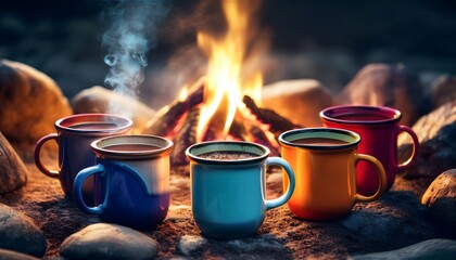 Fototapeta premium Camping enamel mugs mockup. Different color mugs arranged near the campfire. Graphic art illustration. Hiking scene