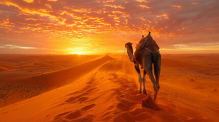 The scene captures a sandy, hot desert dune where a camel takes measured steps against an African landscape. Made with generative ai
