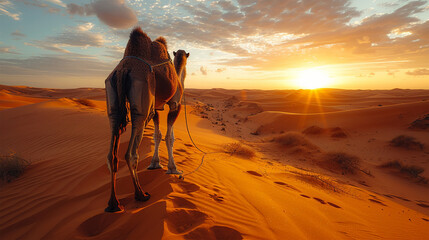 The scene captures a sandy, hot desert dune where a camel takes measured steps against an African landscape. Made with generative ai
