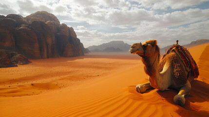 The scene captures a sandy, hot desert dune where a camel takes measured steps against an African landscape. Made with generative ai
