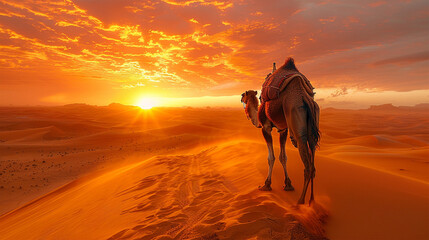 The scene captures a sandy, hot desert dune where a camel takes measured steps against an African landscape. Made with generative ai
