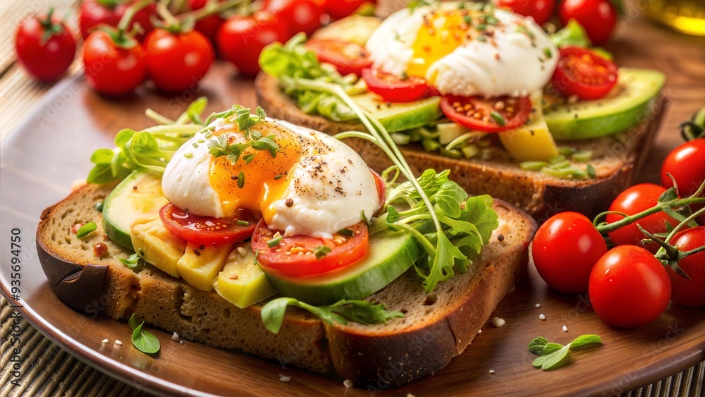 Wall mural Delicious breakfast toast with poached egg, fresh vegetables, and cherry tomatoes on a wooden plate