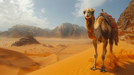 The scene captures a sandy, hot desert dune where a camel takes measured steps against an African landscape. Made with generative ai
